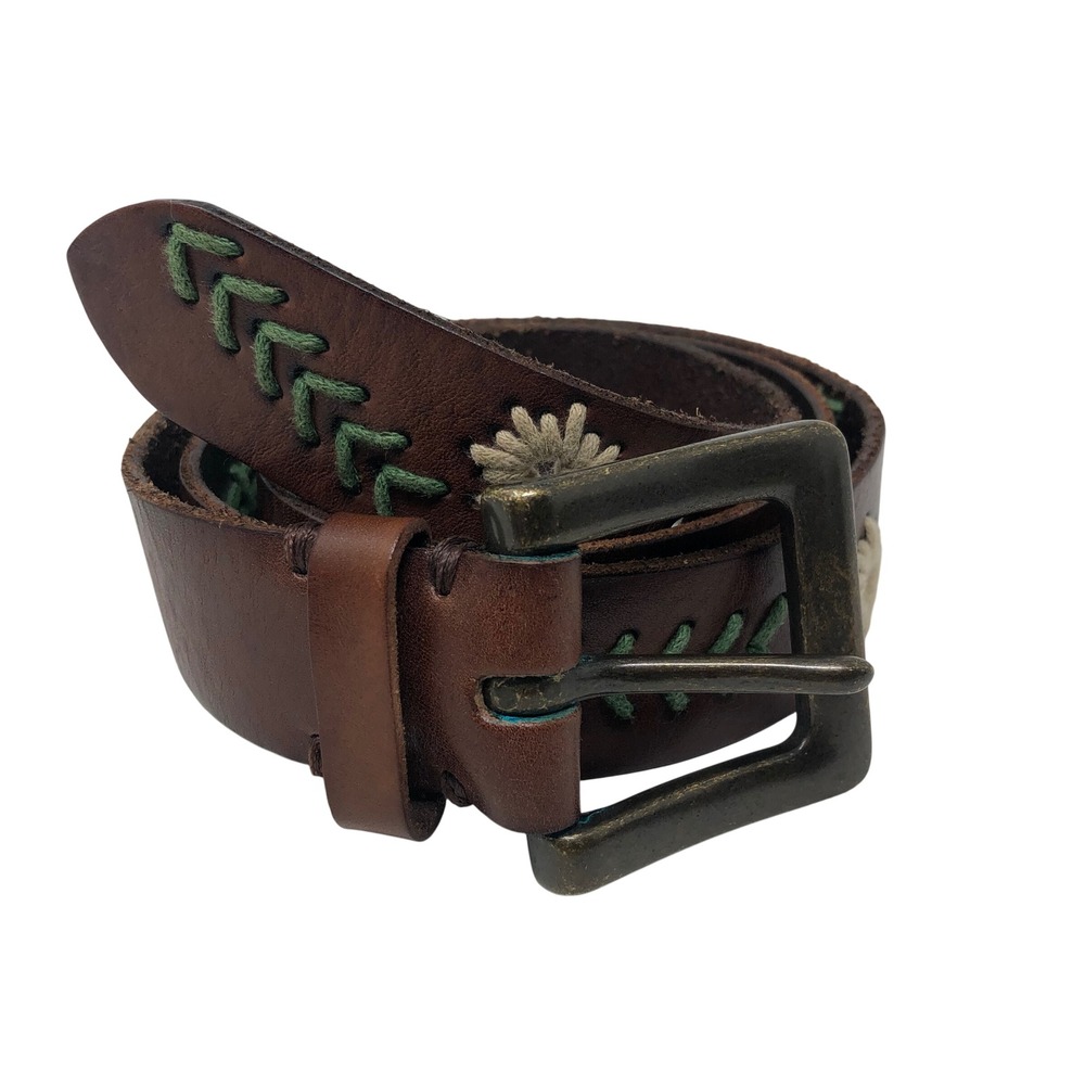 Sundance Belt Womens Large Brown Leather Floral Green Embroidered Boho Western